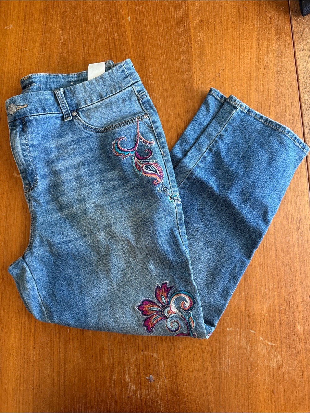 Chico's Blue Boot-Cut Jeans with Multicolor Floral Embroidery
